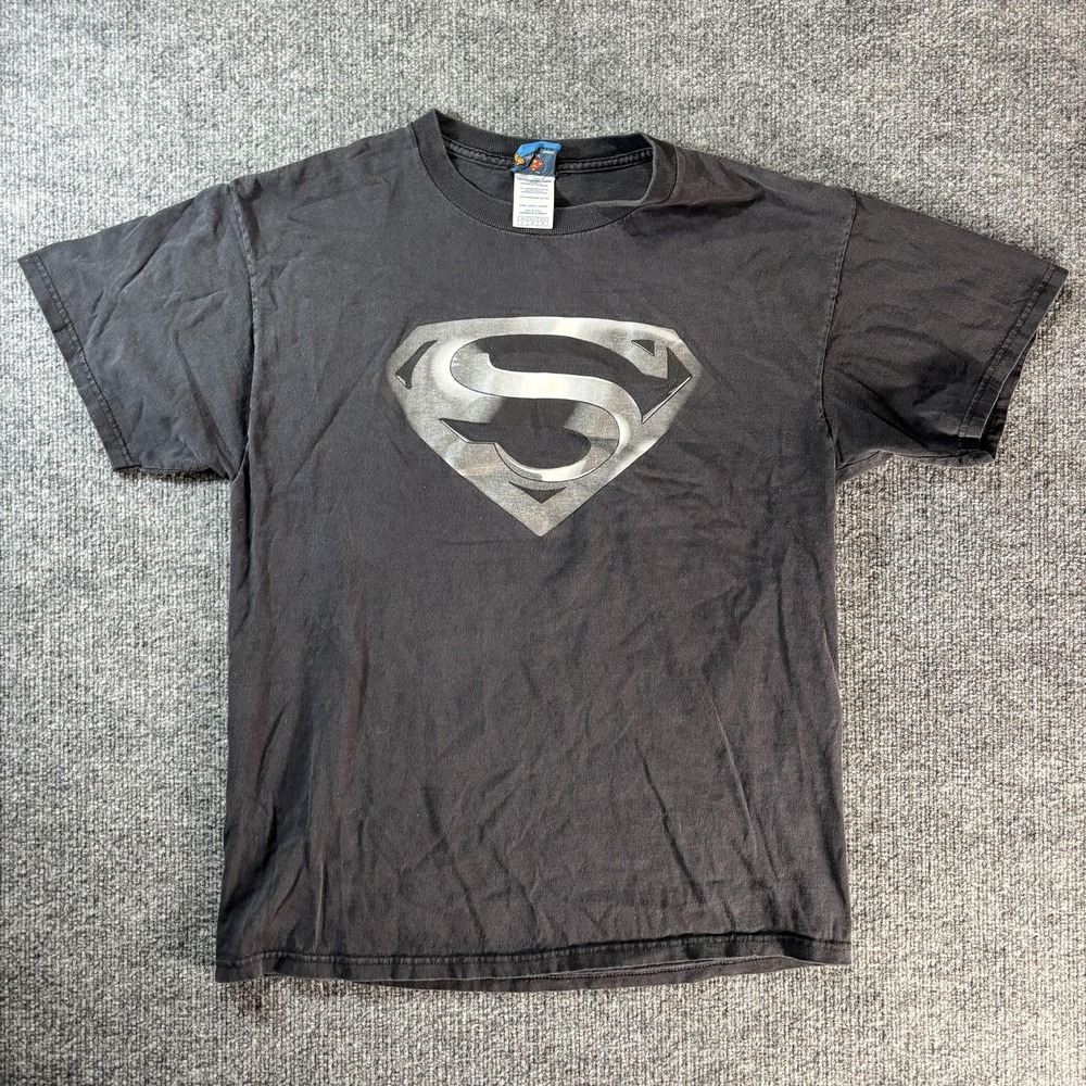 Vintage Superman Shirt Mens Large Gray Silver Shield Logo Graphic Tee DC Comics